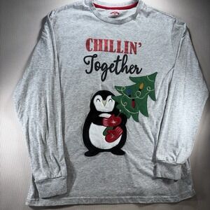 Chillin Together Penguin Holiday Time Tshirt Long Sleeve Gray Appliqué Large